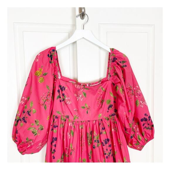 Cara Cara Sip Sip Botanical Floral Print Puff Sleeve Babydoll Cotton Dress Sz XS - Picture 3 of 9